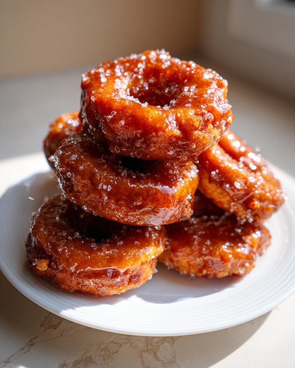 Ein Stapel leuchtend glasierter Salted Caramel Glazed Pumpkin Donuts, bestreut mit Zuckerkristallen auf einem wei&szlig;en Teller.