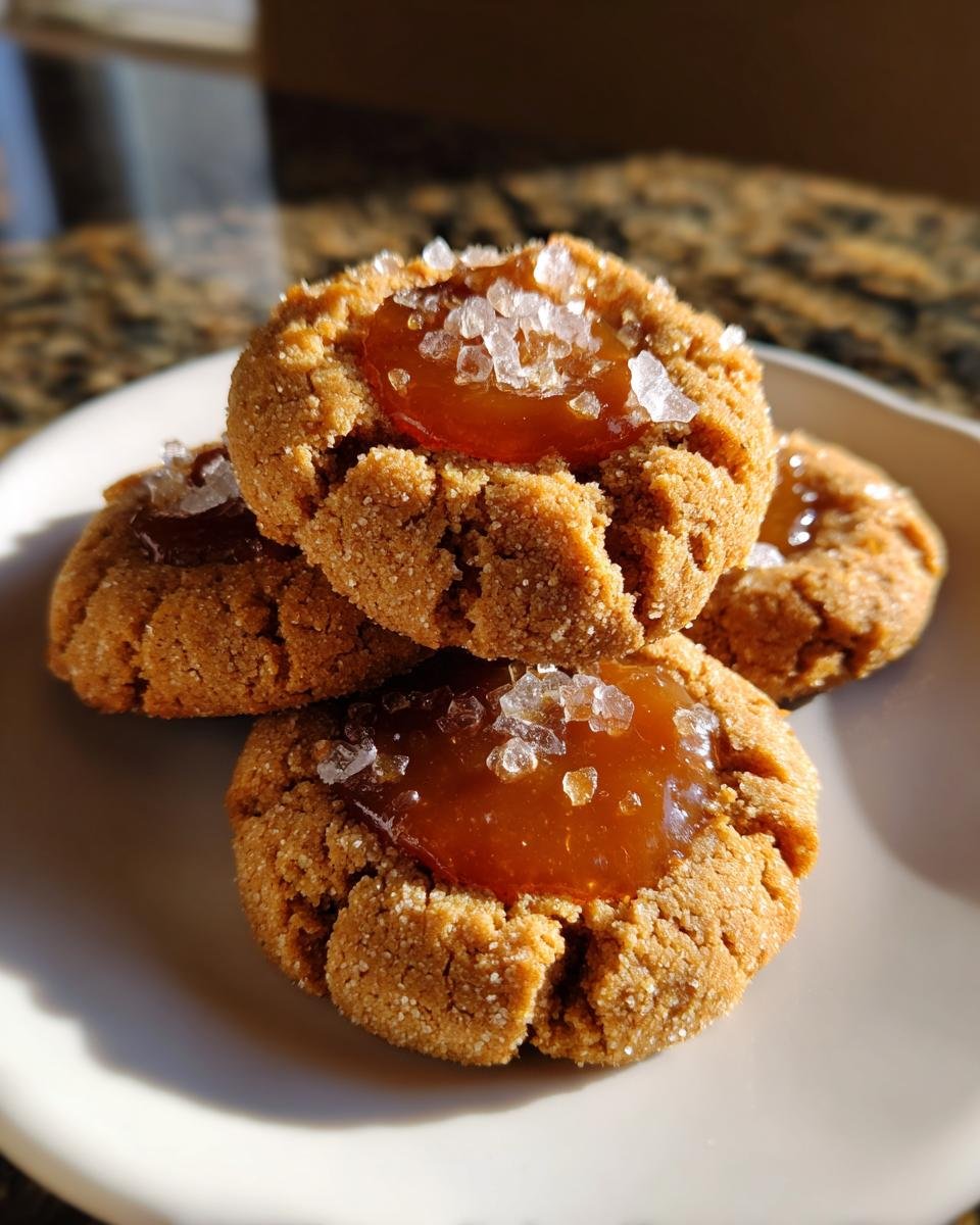 Nahaufnahme von Salted Caramel Thumbprint Cookies, bedeckt mit Karamell und groben Salzkristallen.