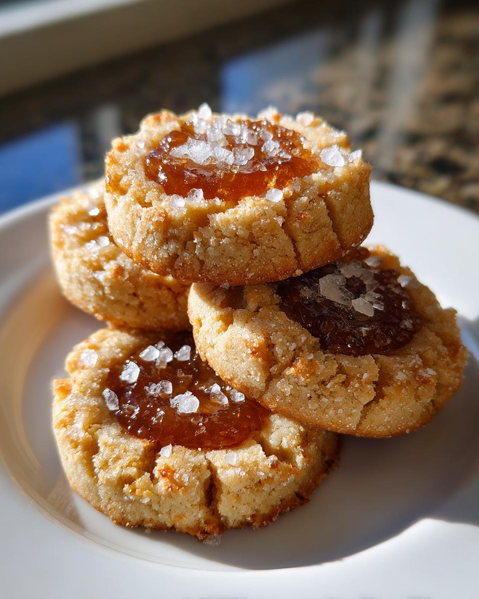 Stapel von vier Salted Caramel Thumbprint Cookies, garniert mit Karamell und grobem Meersalz.