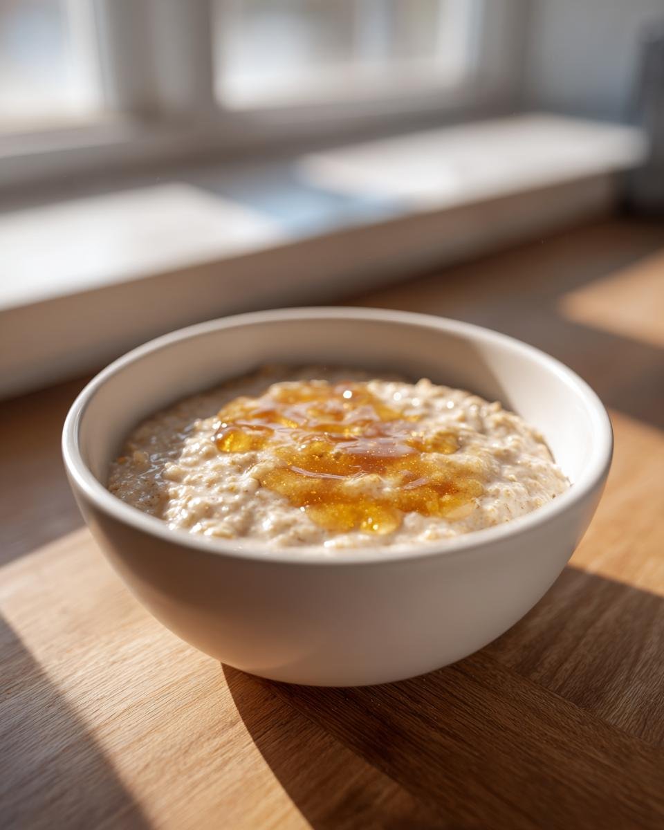 Eine wei&szlig;e Sch&uuml;ssel mit warmem Porridge, betr&auml;ufelt mit goldgelbem Honig, steht auf einem Holztisch.