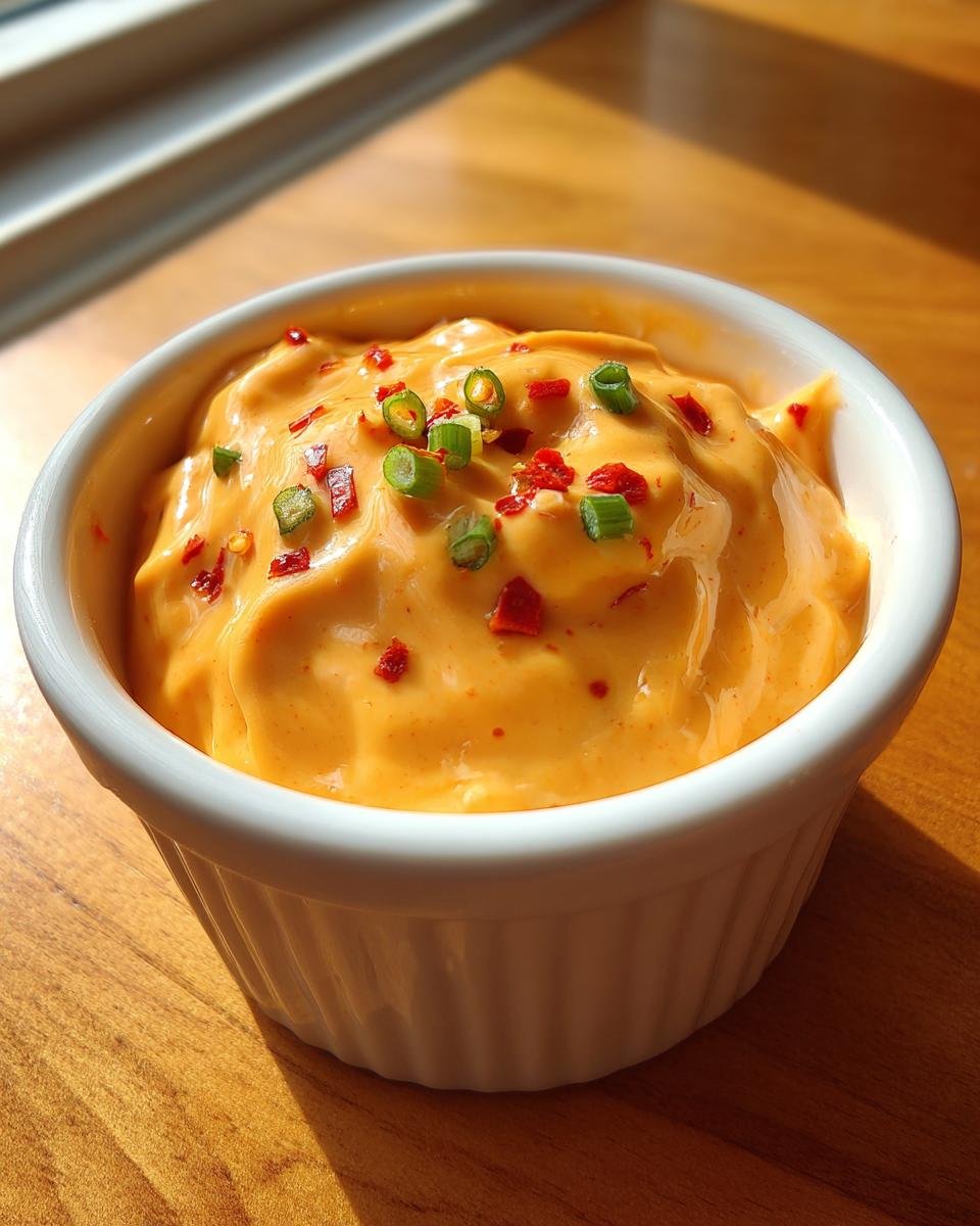 Nahaufnahme eines cremigen, orangen Velveeta Recipes Dip, garniert mit Fr&uuml;hlingszwiebeln und Chiliflocken.