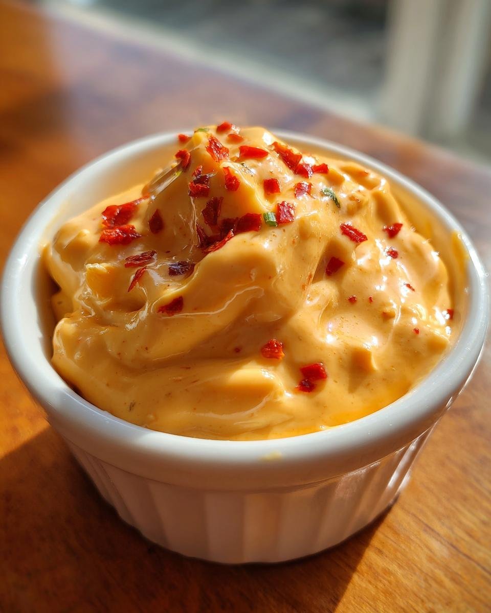 Nahaufnahme eines cremigen, orangefarbenen Velveeta Recipes Dip, garniert mit roten Chiliflocken in einer wei&szlig;en Schale.