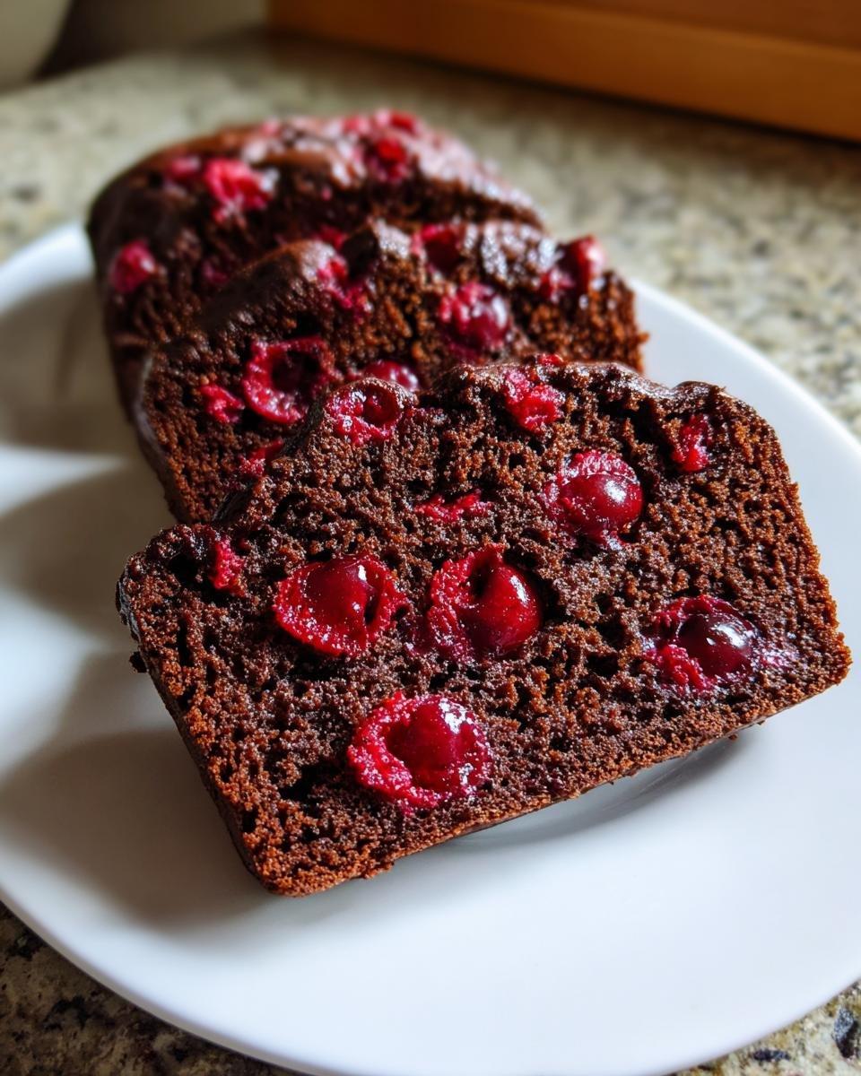 Nahaufnahme von Scheiben des Schnellen Kirsch-Schokoladenkuchens mit saftigen Kirschen im dunklen Teig.