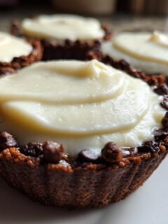 Nahaufnahme von drei Schokoladen-Cookie Cups mit weißer Creme und Schokostückchen.