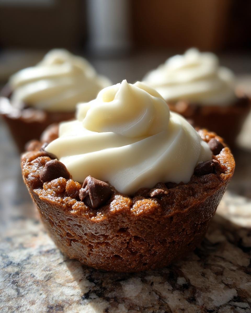 Nahaufnahme eines Schokoladen-Cookie Cups, gef&uuml;llt mit cremiger wei&szlig;er Glasur und Schokost&uuml;ckchen.
