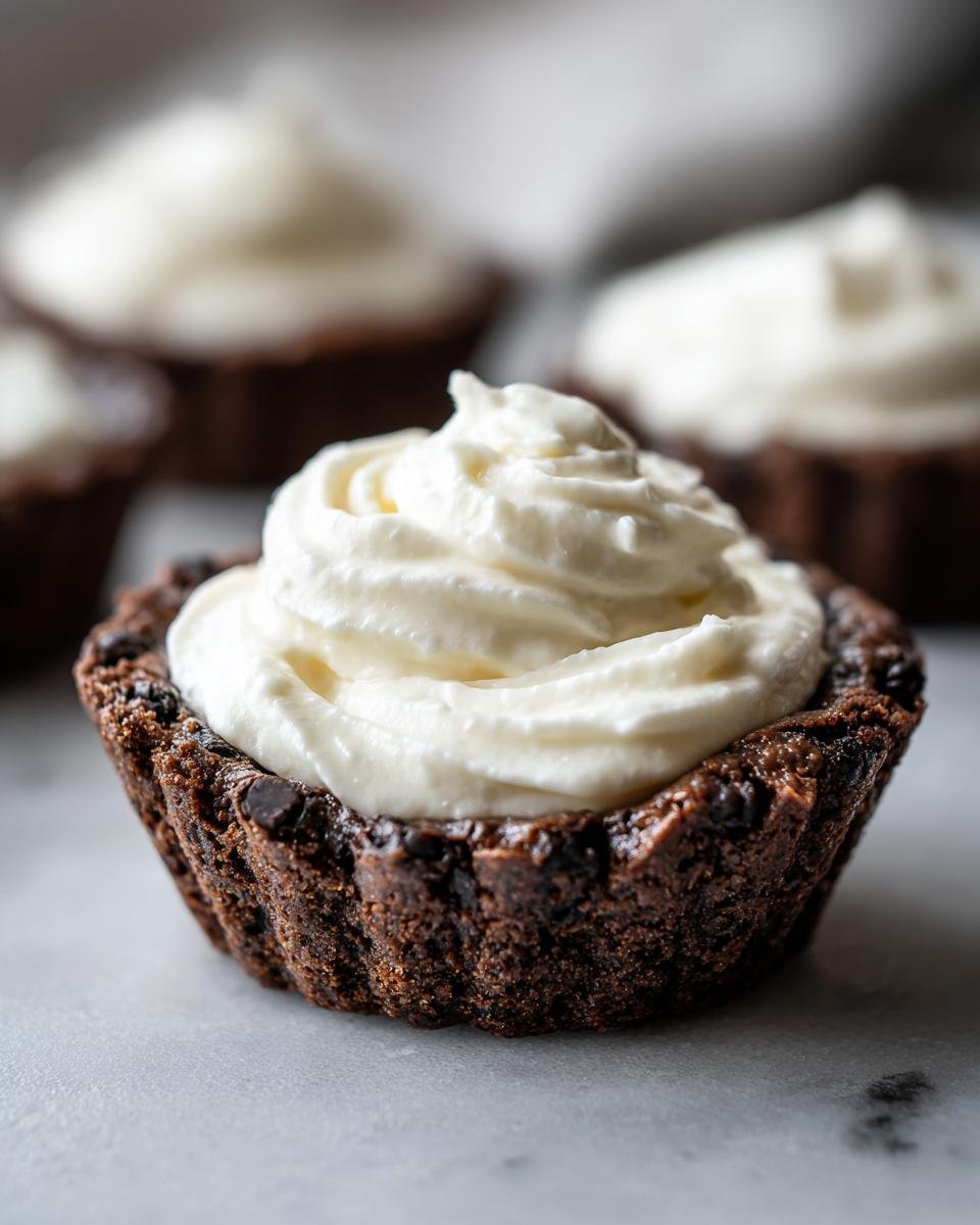 Nahaufnahme eines dunklen Schokoladen-Cookie Cups, gef&uuml;llt mit einer gro&szlig;en Portion wei&szlig;er Schlagsahne oder Creme.