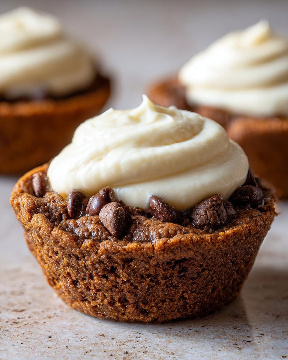 Nahaufnahme eines saftigen Schokoladen-Cookie Cups, gef&uuml;llt mit Schokost&uuml;ckchen und gekr&ouml;nt mit einer cremigen, wei&szlig;en Glasur.