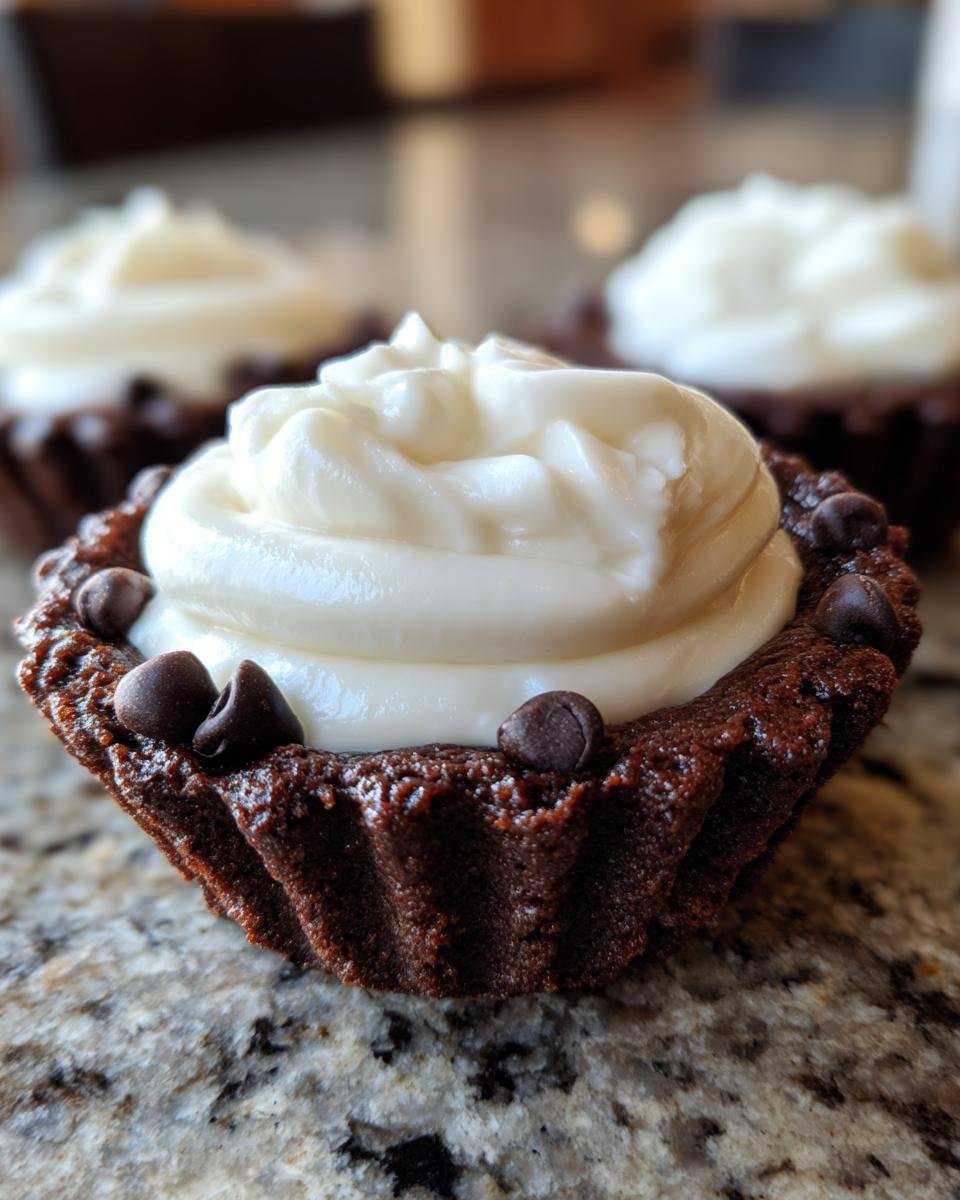 Nahaufnahme eines einzelnen Schokoladen-Cookie Cups, gef&uuml;llt mit wei&szlig;er Creme und Schokost&uuml;ckchen.