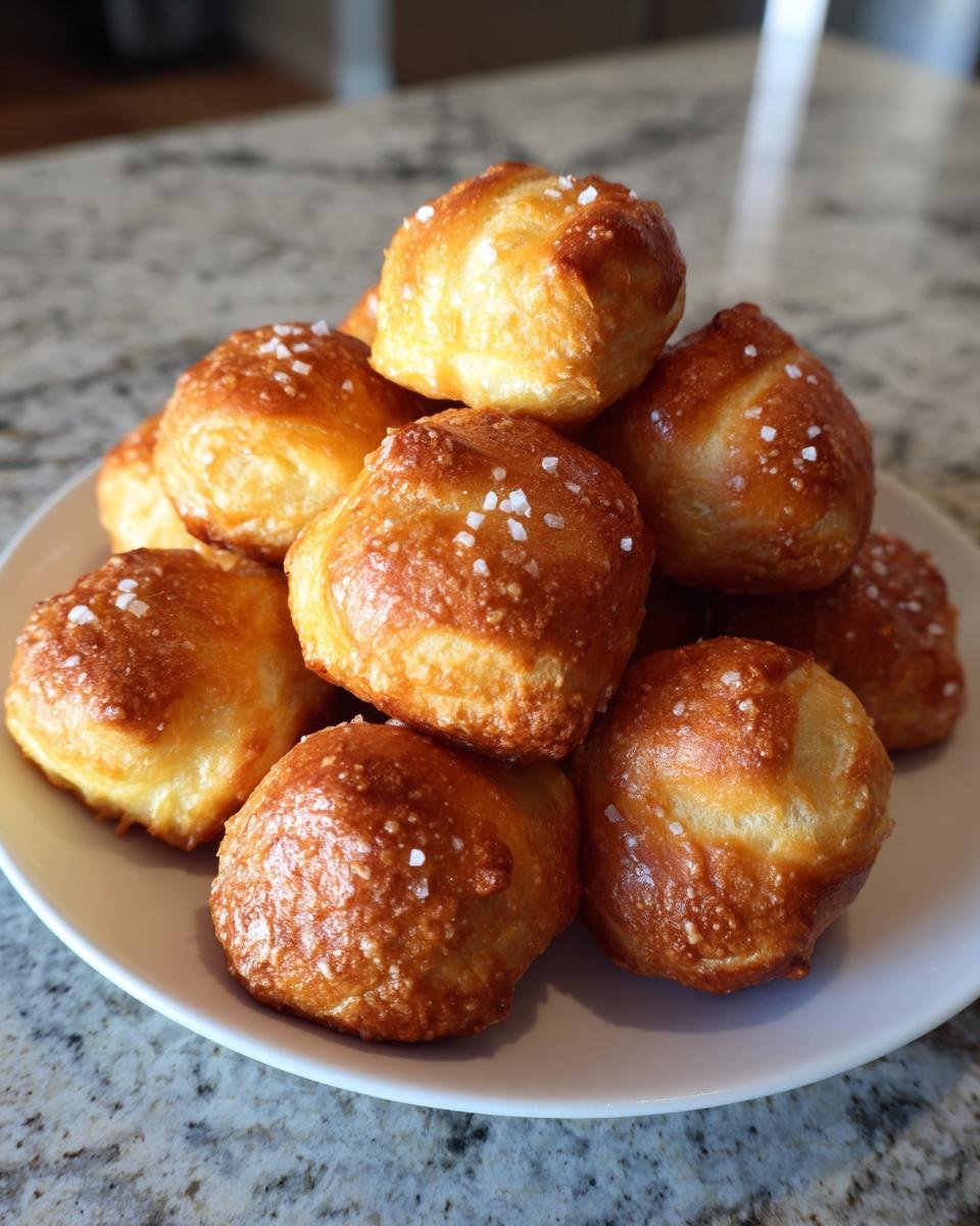 Ein Haufen goldbrauner Soft Pretzel Bites, bestreut mit grobem Salz, auf einem wei&szlig;en Teller.