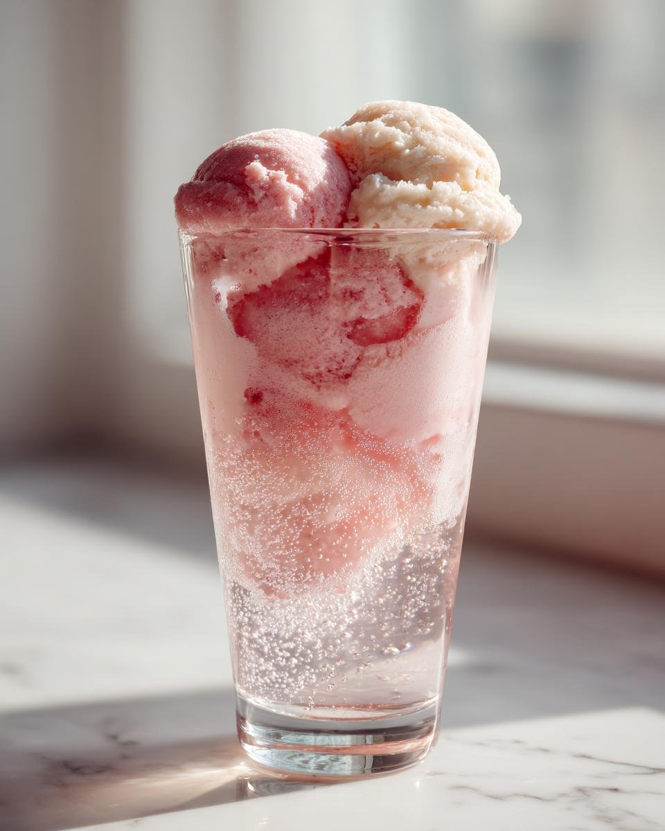 Nahaufnahme von zwei Kugeln Sorbet (eine rosa, eine hell) in einem Glas mit sprudelndem Getr&auml;nk f&uuml;r Sorbet Rose Floats.