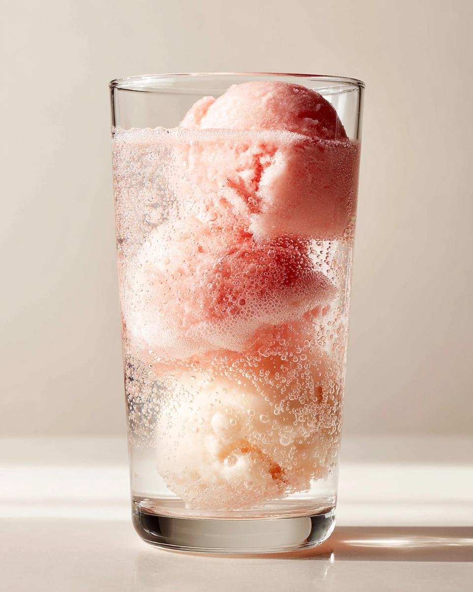 Nahaufnahme von rosa und hellen Sorbet Rose Floats, die in einem Glas mit sprudelndem Wasser schwimmen.