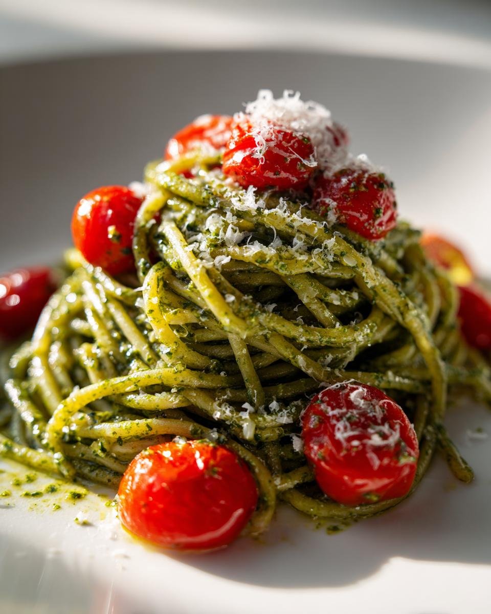 Nahaufnahme von Spaghetti mit gr&uuml;nem Pesto, garniert mit roten Kirschtomaten und geriebenem Parmesan. Ein Gericht aus den Recipes With Pesto.