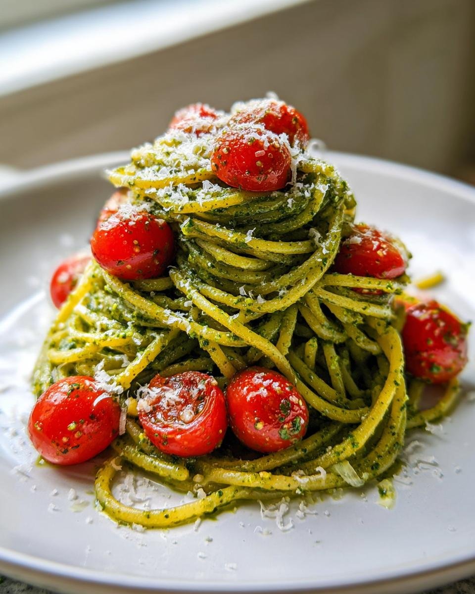 Nahaufnahme von Spaghetti mit gr&uuml;nem Pesto, garniert mit Kirschtomaten und geriebenem K&auml;se &ndash; eines der Recipes With Pesto.