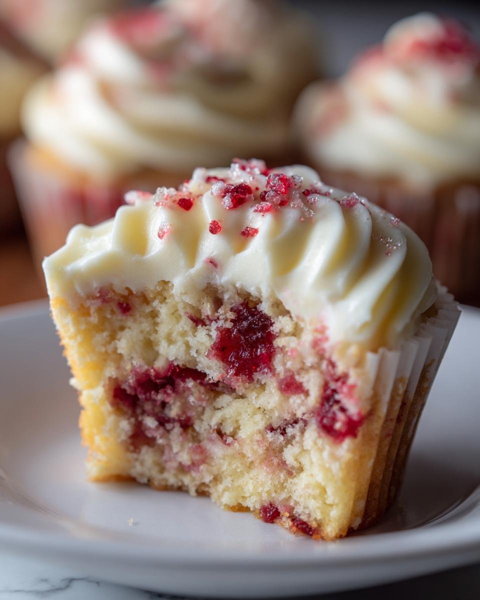 Angeschnittener Sparkling Cranberry White Chocolate Cupcake mit wei&szlig;er Creme und roten Streuseln.