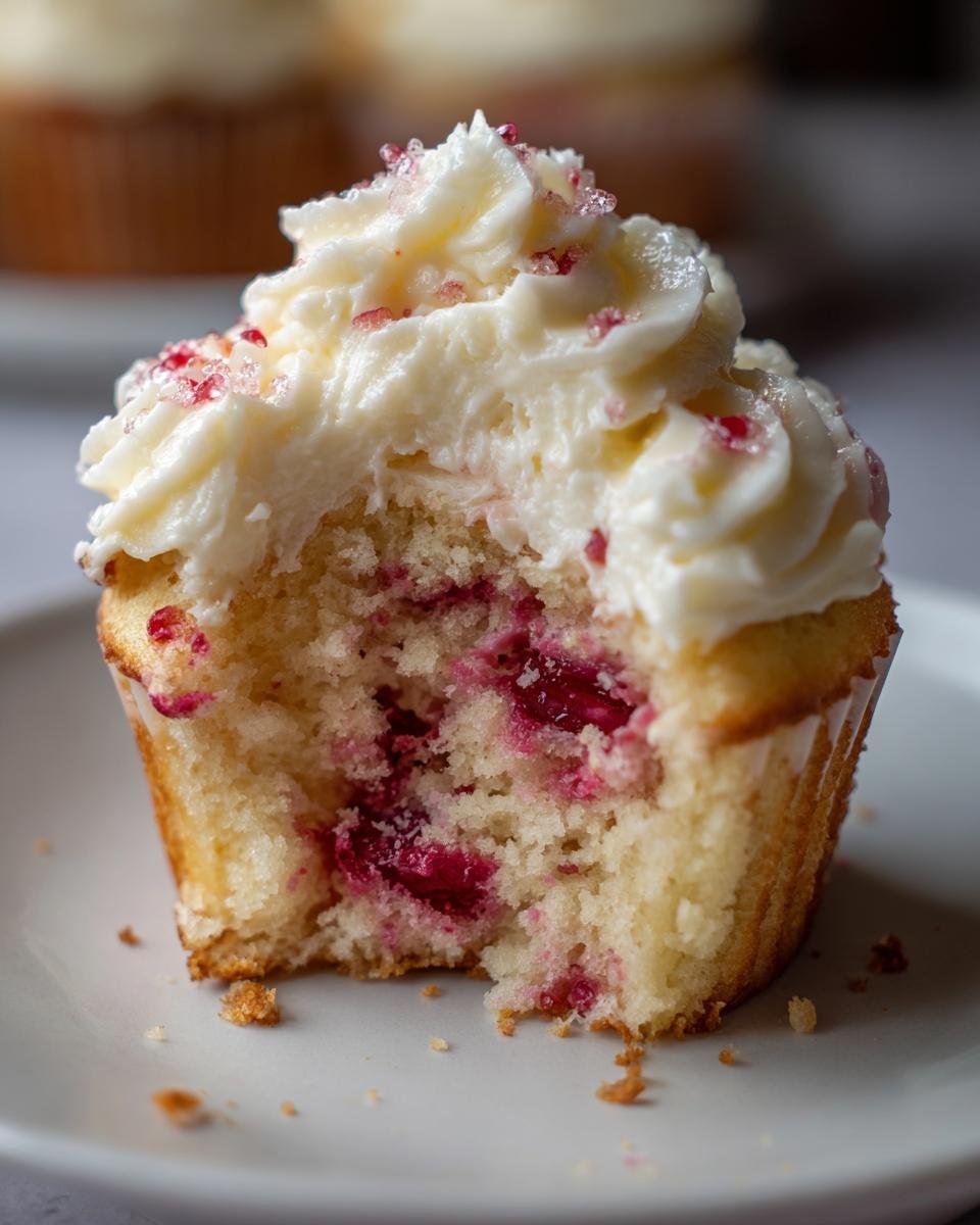 Nahaufnahme eines angeschnittenen Sparkling Cranberry White Chocolate Cupcakes mit wei&szlig;em Frosting und roten Streuseln.