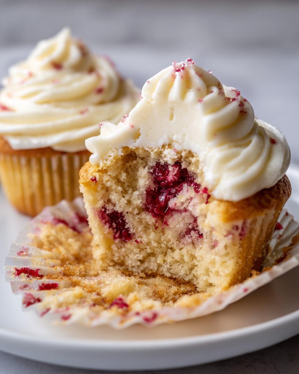 Angeschnittener Cupcake mit wei&szlig;er Creme und roten Cranberry-St&uuml;ckchen im Inneren, passend zu Sparkling Cranberry White Chocolate Cupcakes.