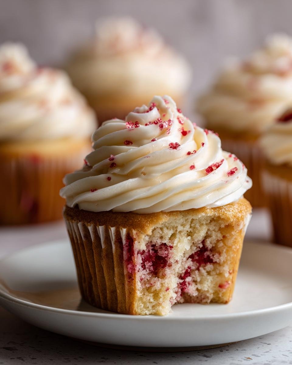 Nahaufnahme eines angeschnittenen Sparkling Cranberry White Chocolate Cupcakes mit wei&szlig;em Frosting und roten Streuseln.