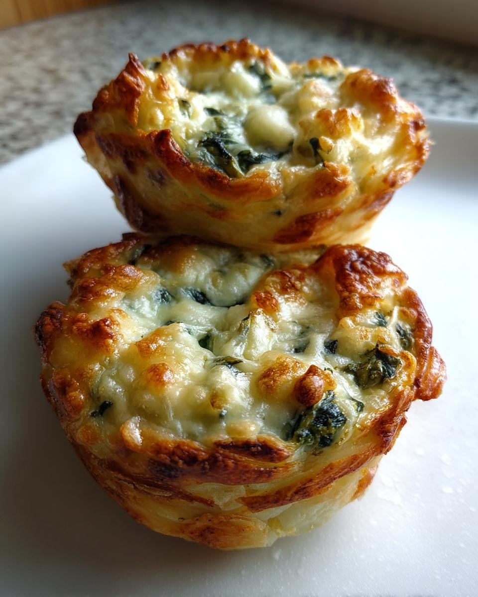 Nahaufnahme von zwei knusprig gebackenen Spinach Artichoke Dip Parmesan Cups mit geschmolzenem K&auml;se.