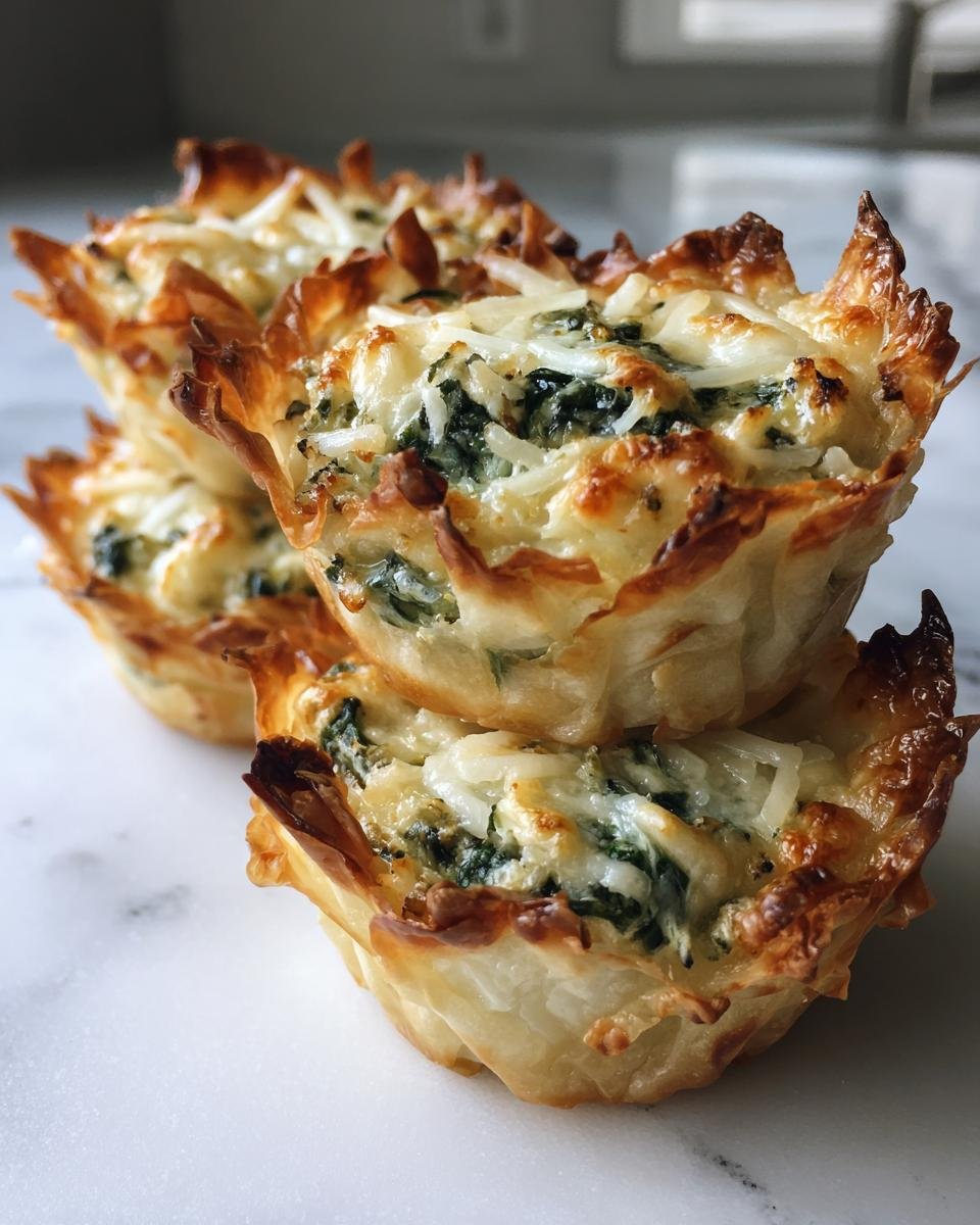 Nahaufnahme von gestapelten Spinach Artichoke Dip Parmesan Cups mit knusprigem Teig.