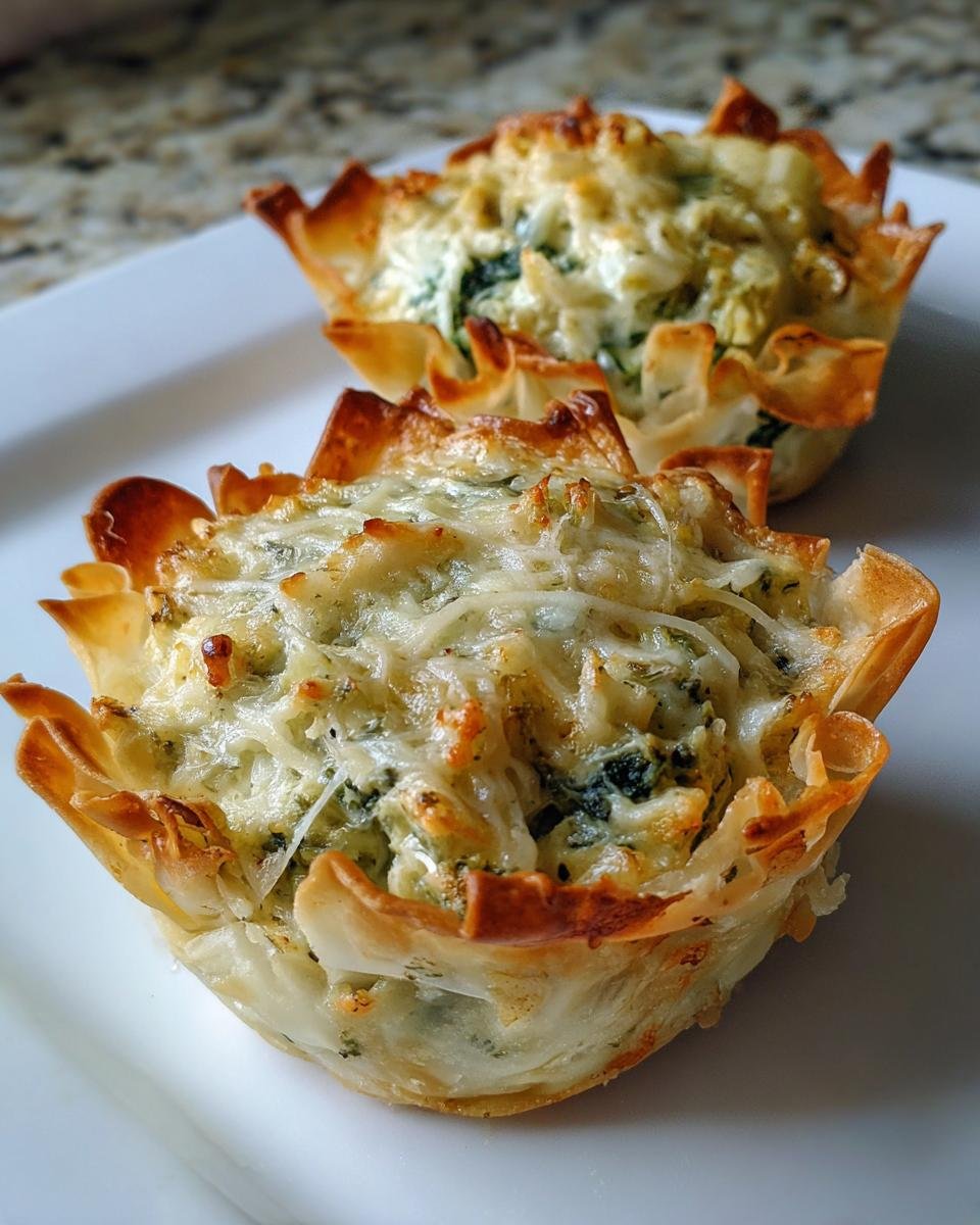 Zwei knusprige Spinach Artichoke Dip Parmesan Cups mit geschmolzenem K&auml;se auf einem wei&szlig;en Teller.