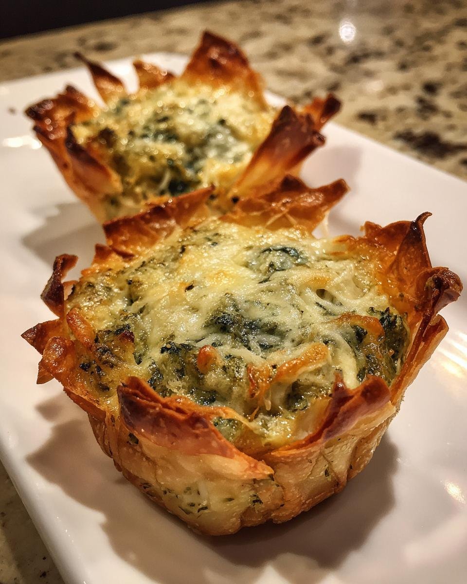 Zwei gebackene Spinat-Artischocken-Dip Parmesan T&ouml;rtchen in knusprigen Teigschalen auf einem wei&szlig;en Teller.