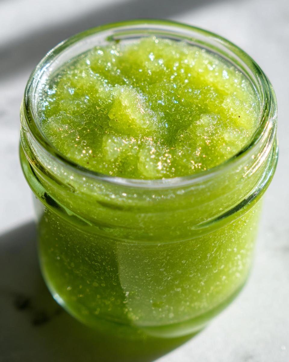 Nahaufnahme von leuchtend gr&uuml;ner Stachelbeeren Marmelade mit Zuckerkristallen in einem Glas.