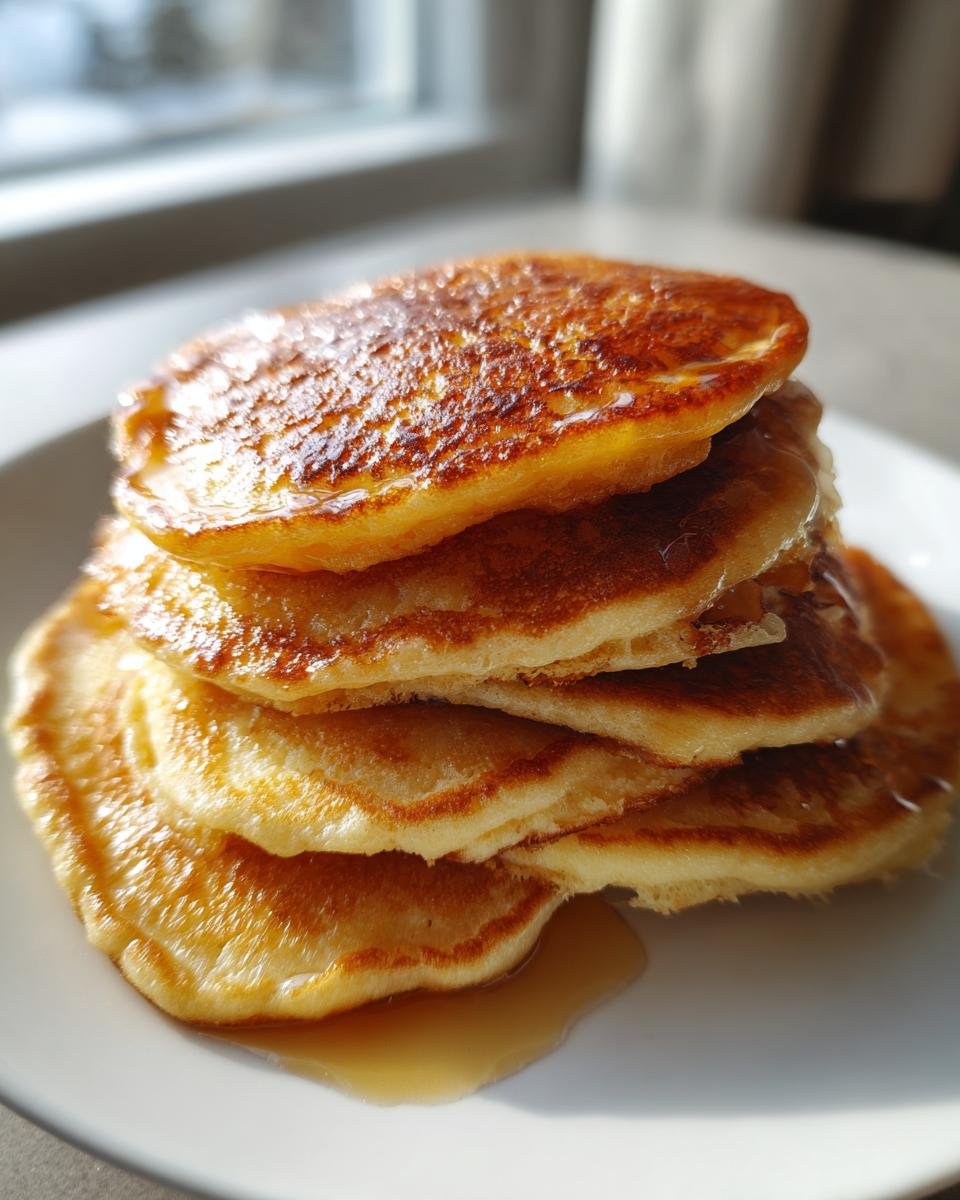 Ein Stapel goldbrauner Jiffy Cornbread Pancakes, übergossen mit Ahornsirup auf einem weißen Teller.