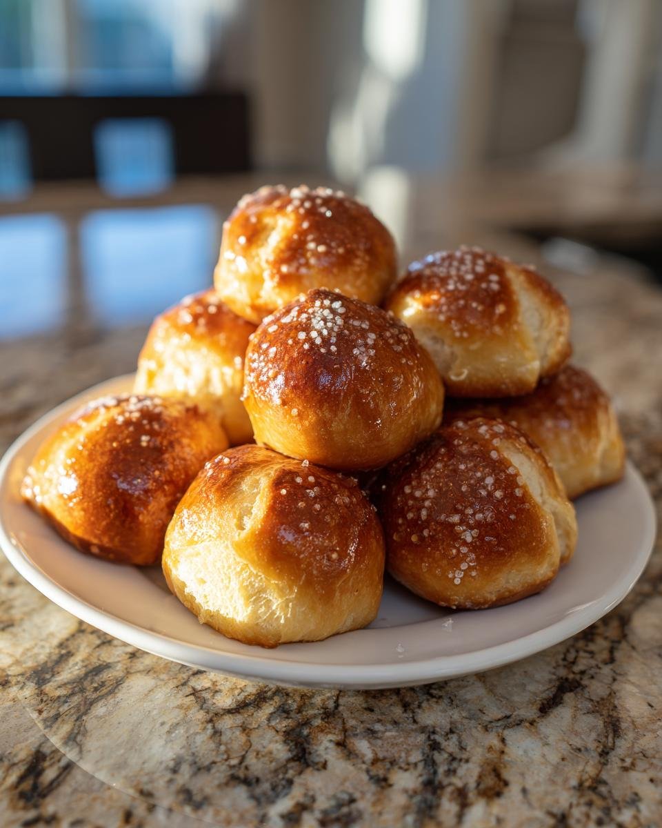 Ein Haufen gl&auml;nzender Soft Pretzel Bites, bestreut mit grobem Salz, auf einem wei&szlig;en Teller.