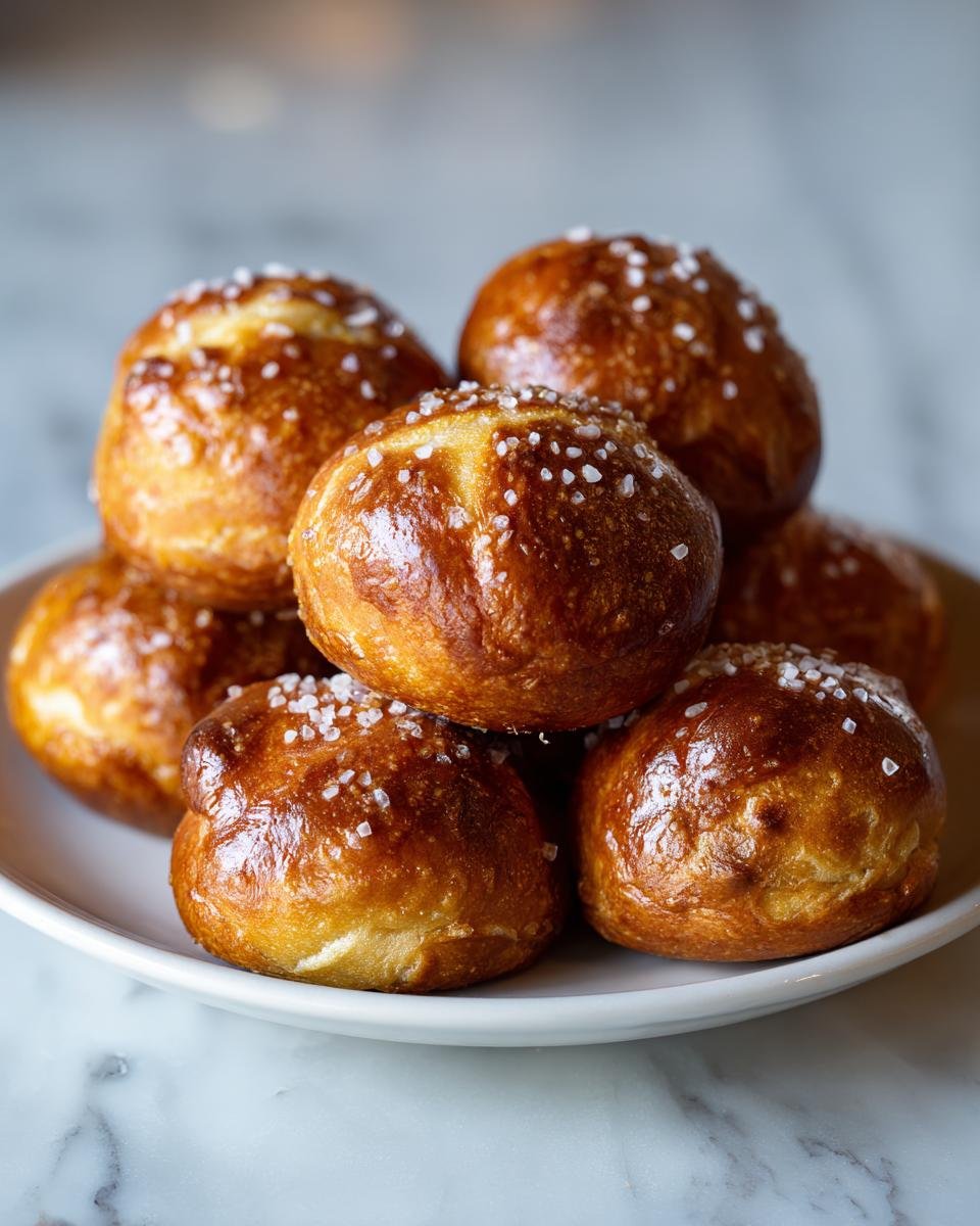 Ein Stapel goldbrauner Soft Pretzel Bites, bestreut mit grobem Salz, auf einem wei&szlig;en Teller.