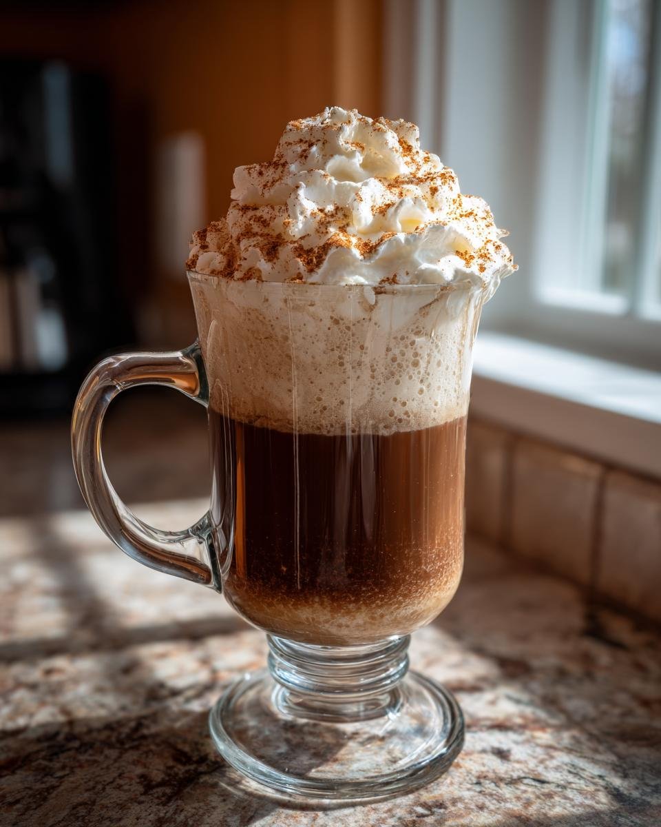 Ein hoher Glasbecher mit einem Starbucks Cinnamon Dolce Latte, gekr&ouml;nt mit viel Schlagsahne und Zimt.