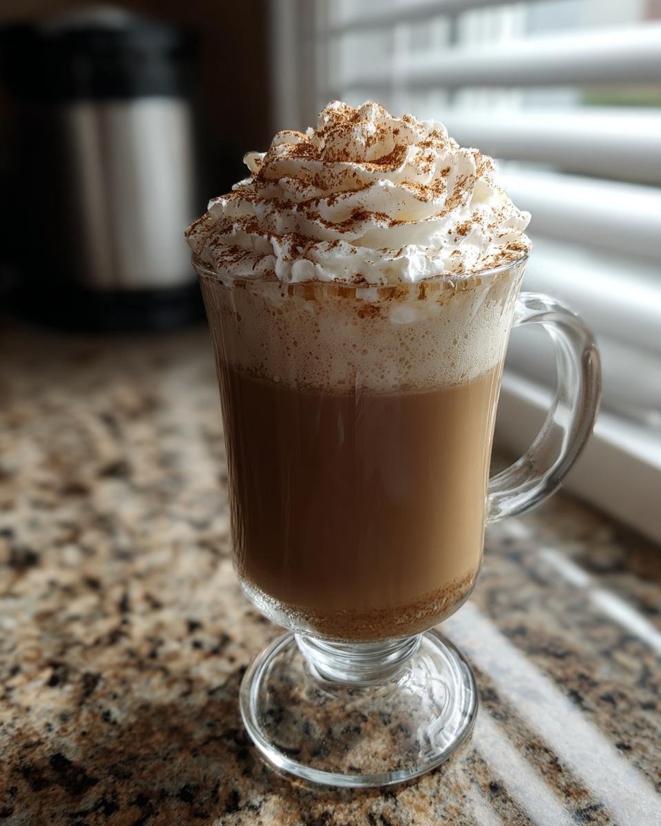 Ein Starbucks Cinnamon Dolce Latte in einem Glasbecher mit viel Schlagsahne und Zimt bestreut.