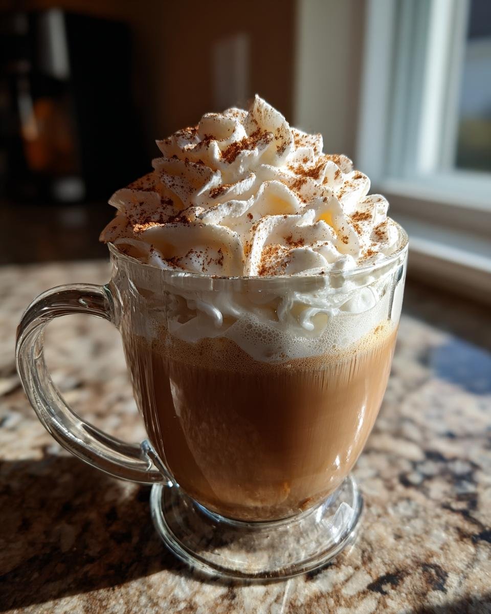 Nahaufnahme eines Starbucks Cinnamon Dolce Latte in einer Glastasse, bedeckt mit viel Schlagsahne und Zimt.