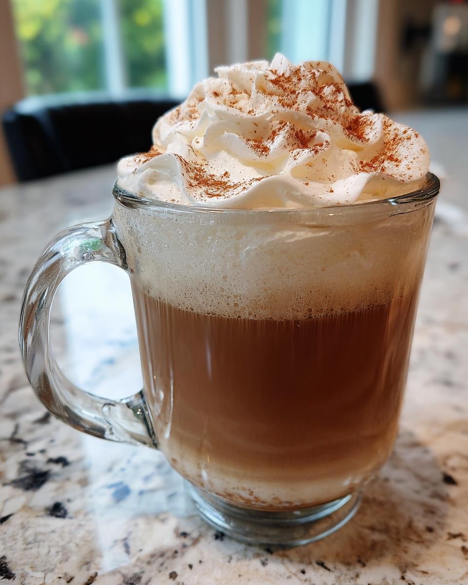 Nahaufnahme eines Starbucks Cinnamon Dolce Latte in einer Glastasse, bedeckt mit viel Schlagsahne und Zimt.