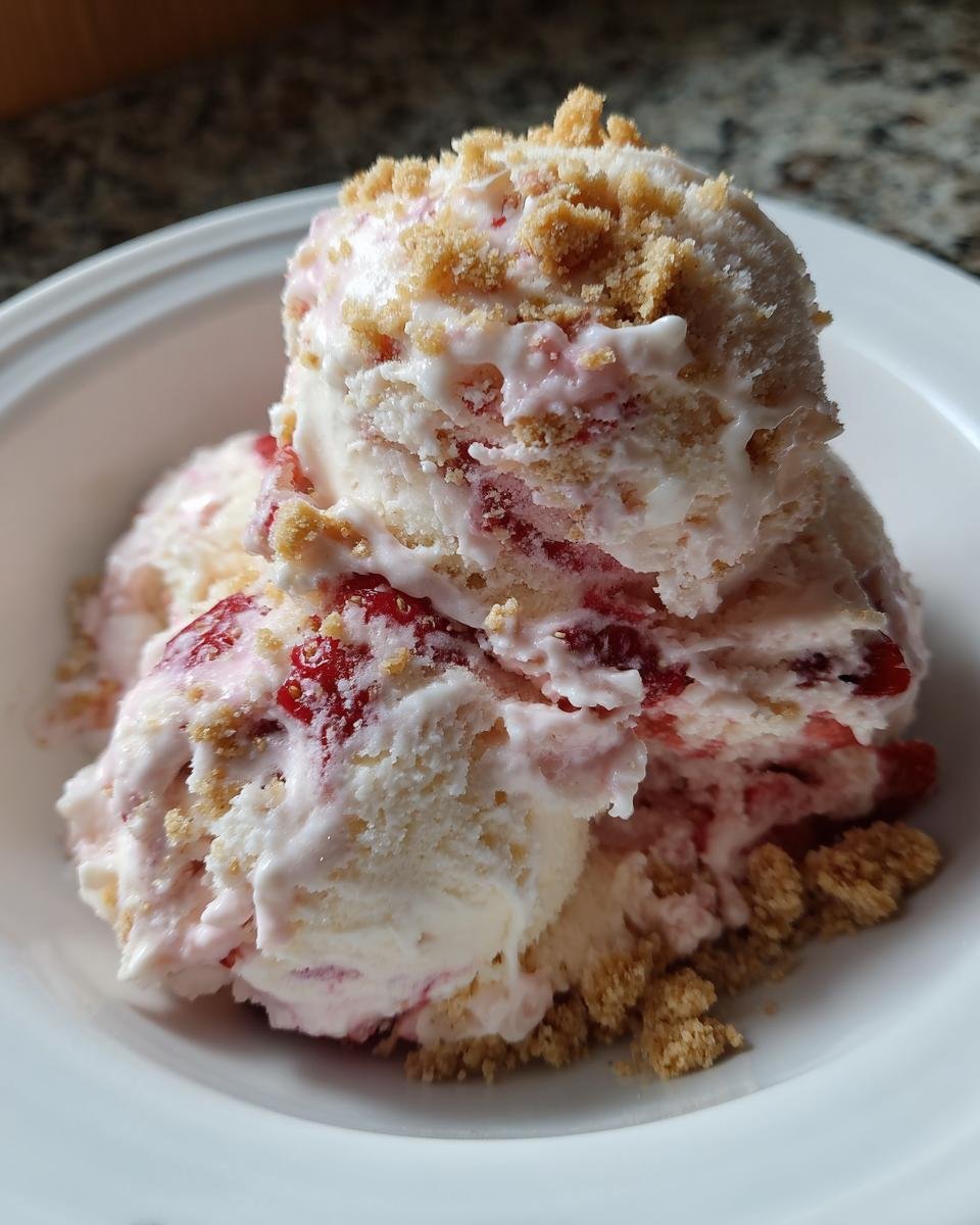 Zwei Kugeln cremiges Strawberry Cheesecake Ice Cream mit Erdbeerst&uuml;ckchen und Keks-Crumble.
