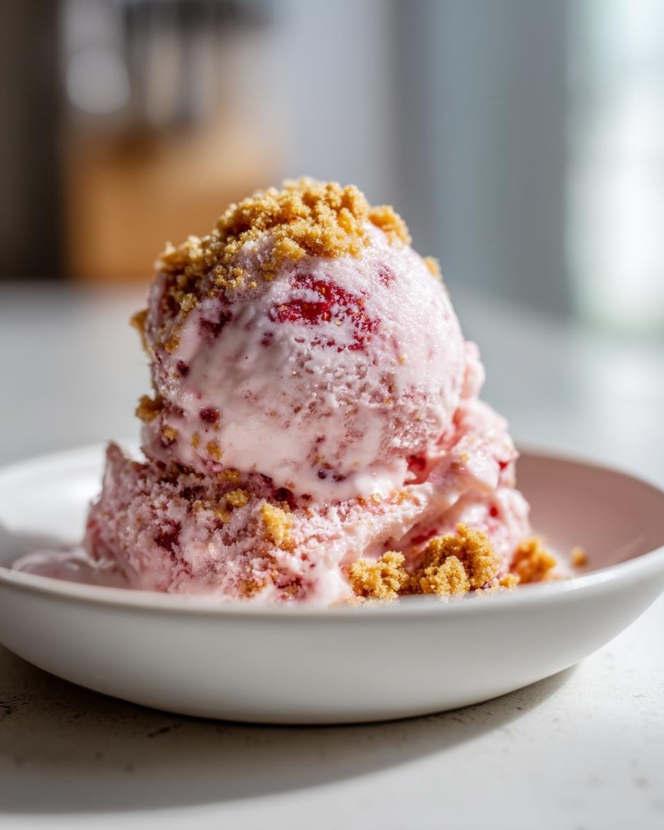 Zwei Kugeln Strawberry Cheesecake Ice Cream mit Keksstreuseln in einer wei&szlig;en Schale.