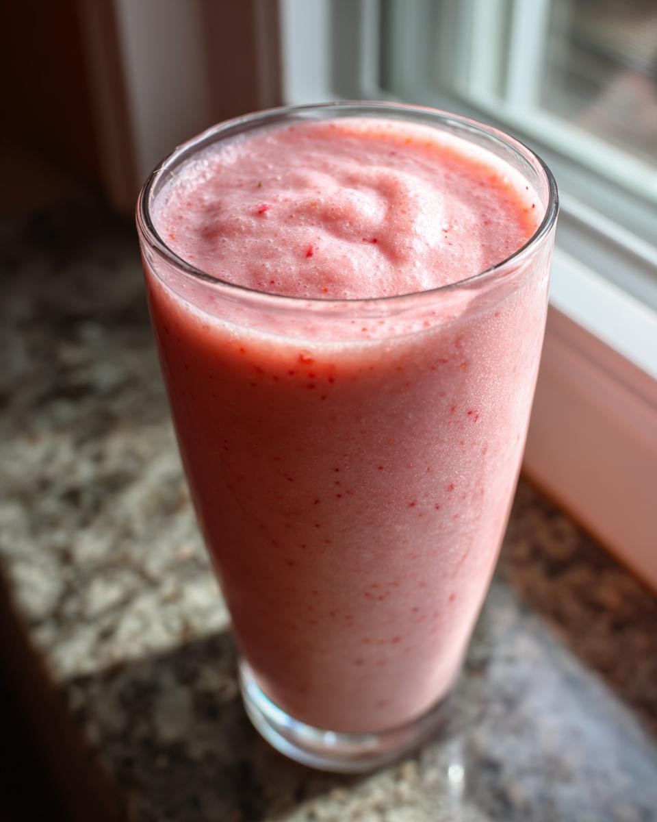 Nahaufnahme eines cremigen, rosa Strawberry Cheesecake Protein Shake in einem hohen Glas.