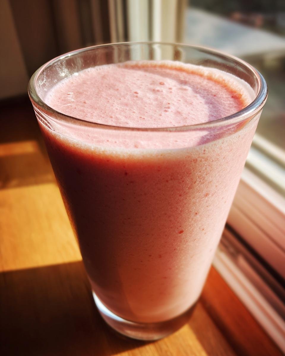 Nahaufnahme eines cremigen, rosa Strawberry Cheesecake Protein Shake in einem Glas.