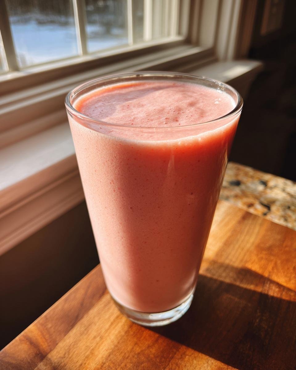 Ein hohes Glas mit einem cremigen, rosa Strawberry Cheesecake Protein Shake, beleuchtet durch Sonnenlicht am Fenster.