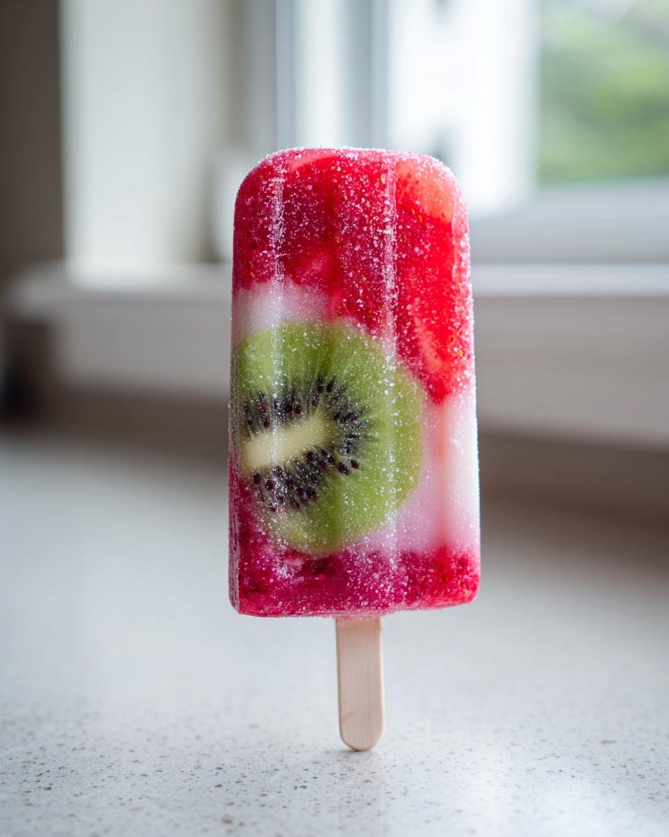 Nahaufnahme eines gefrorenen Strawberry Kiwi Fruit Popsicles mit sichtbaren Fruchtst&uuml;cken und Eiskristallen.