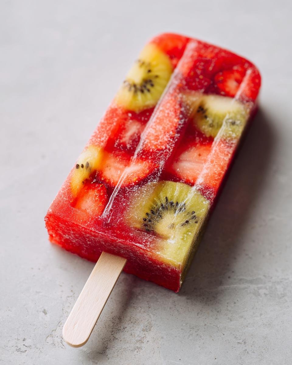 Nahaufnahme eines Strawberry Kiwi Fruit Popsicles mit sichtbaren Erdbeerst&uuml;cken und Kiwischeiben im Eis.