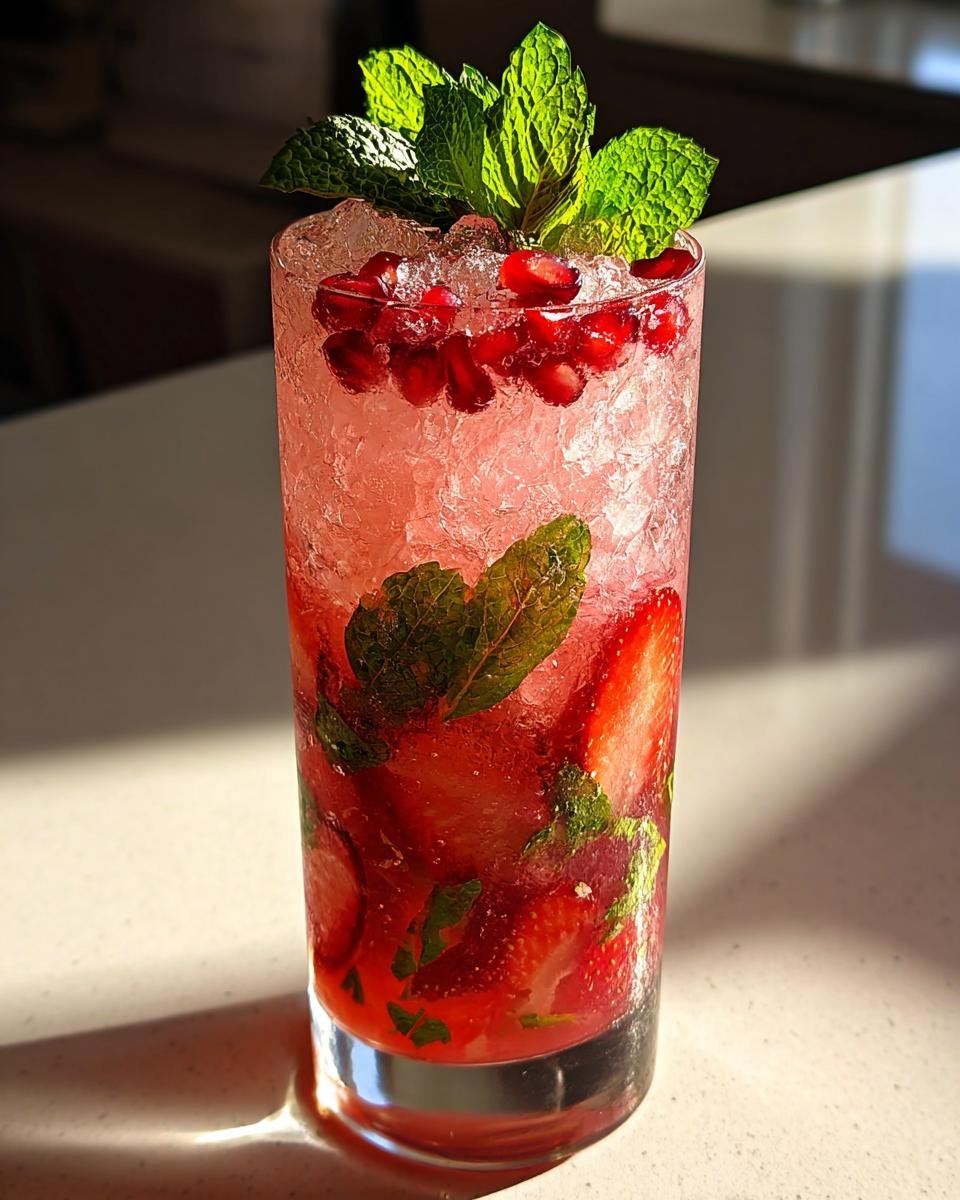 Nahaufnahme eines Strawberry Pom Mojito mit zersto&szlig;enem Eis, Erdbeerscheiben, Granatapfelkernen und Minze.