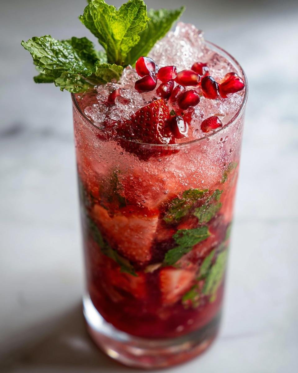 Nahaufnahme eines Strawberry Pom Mojito mit zersto&szlig;enem Eis, Minze, Erdbeeren und Granatapfelkernen.