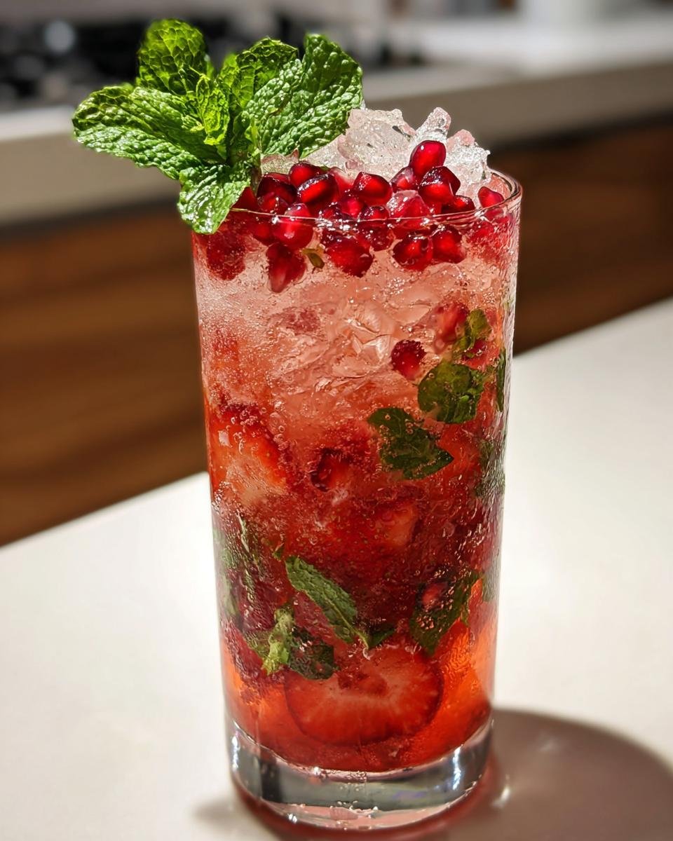 Nahaufnahme eines Strawberry Pom Mojito mit zersto&szlig;enem Eis, Erdbeerscheiben, Granatapfelkernen und Minze.