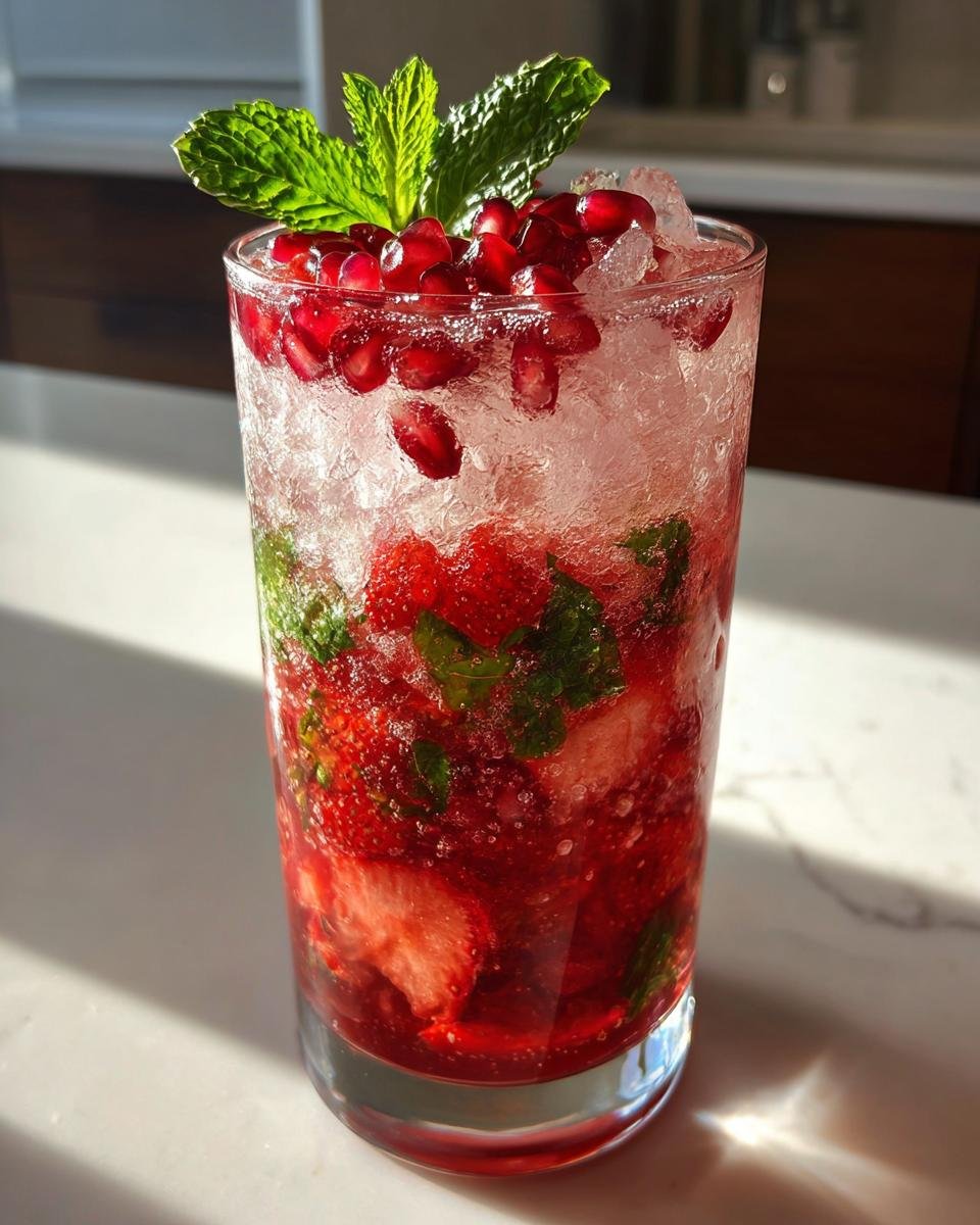 Nahaufnahme eines Strawberry Pom Mojito mit zersto&szlig;enen Erdbeeren, Minze, Granatapfelkernen und viel Eis.