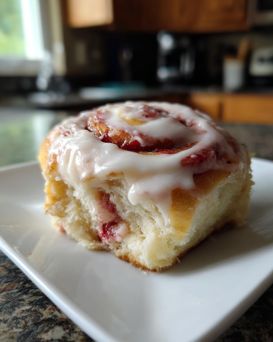 Nahaufnahme eines saftigen Strawberry Shortcake Cinnamon Rolls mit wei&szlig;em Zuckerguss auf einem wei&szlig;en Teller.