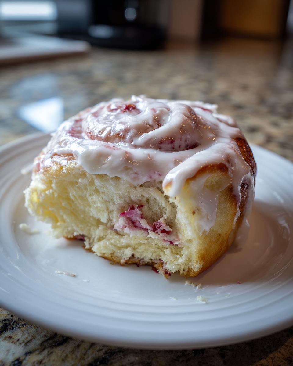 Nahaufnahme einer angeschnittenen Strawberry Shortcake Cinnamon Rolls mit wei&szlig;em Zuckerguss.