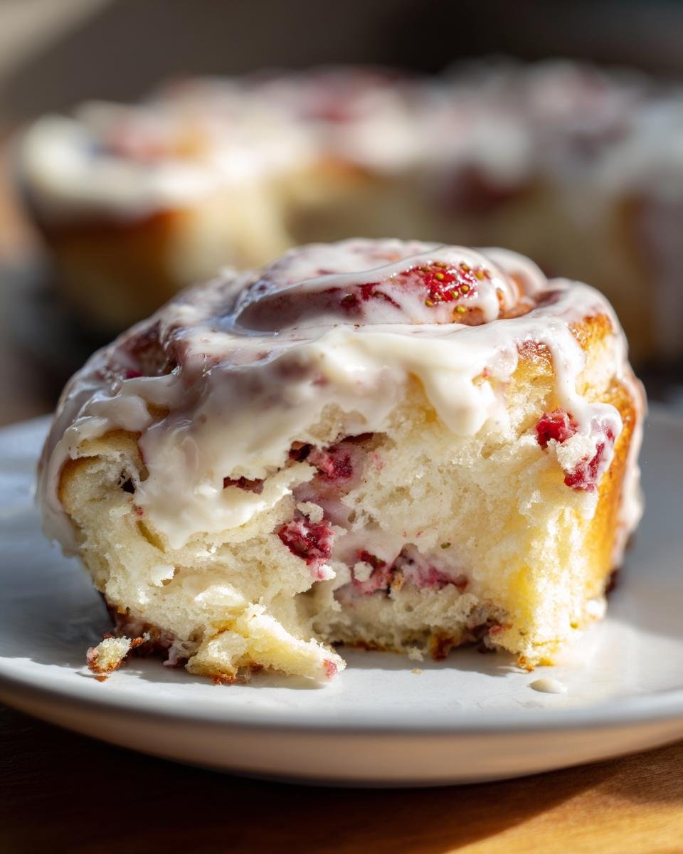Nahaufnahme eines angeschnittenen Strawberry Shortcake Cinnamon Rolls mit viel wei&szlig;em Zuckerguss und roten Erdbeerst&uuml;cken.