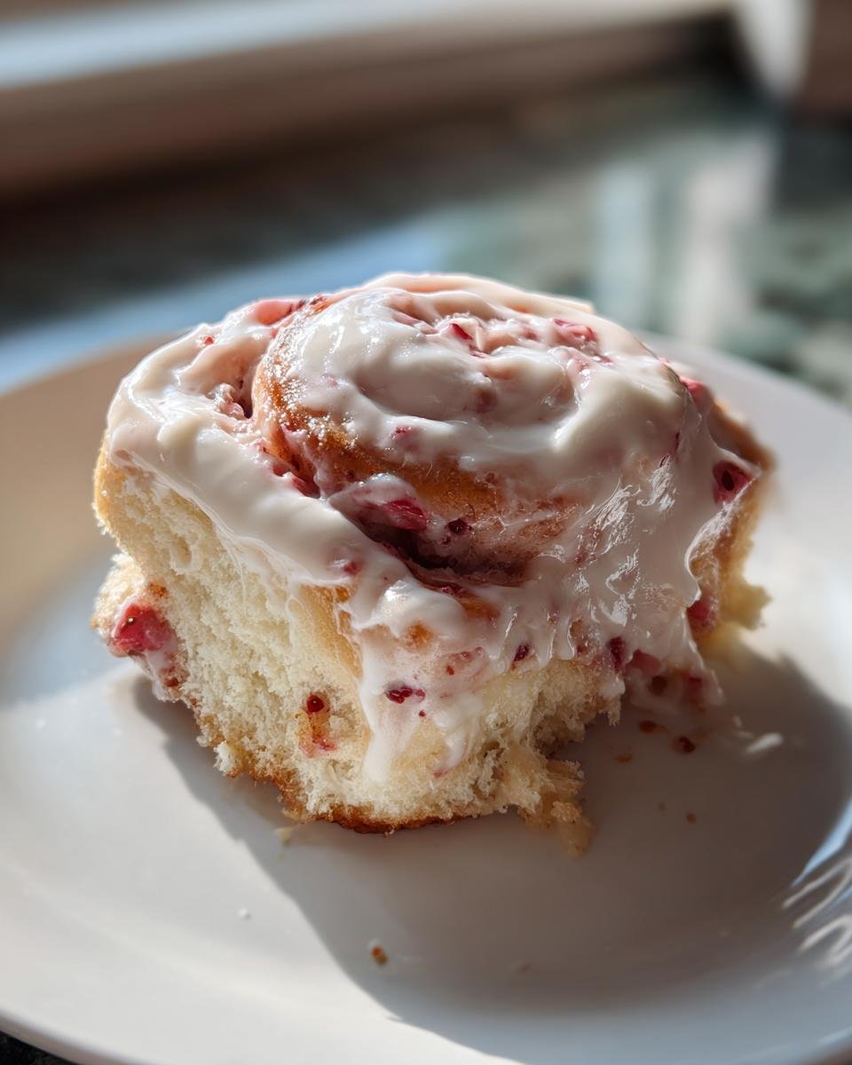 Nahaufnahme einer saftigen Strawberry Shortcake Cinnamon Rolls mit wei&szlig;em Zuckerguss.