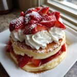 Ein Stapel fluffiger Strawberry Shortcake Pancakes, belegt mit frischen Erdbeeren, Schlagsahne und Puderzucker.