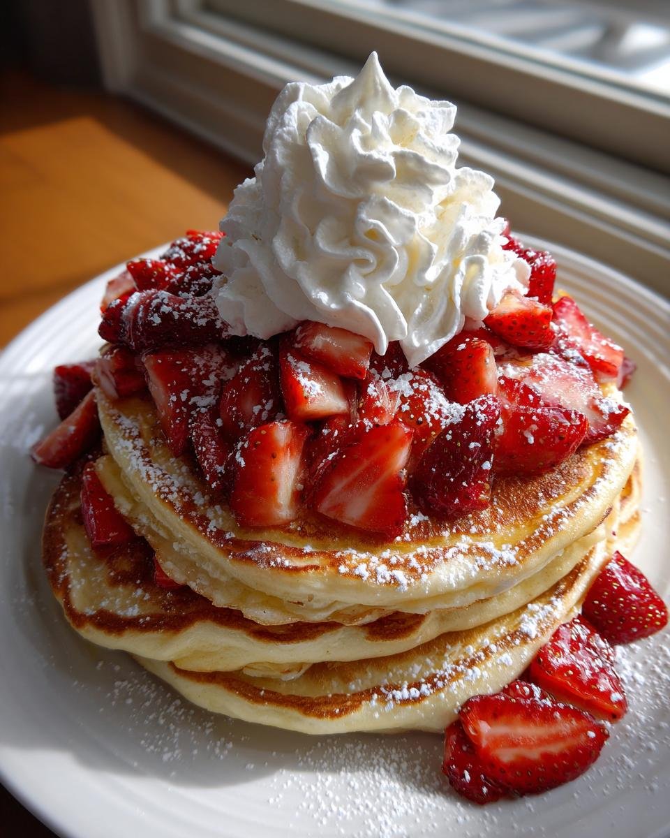 Stapel fluffiger Strawberry Shortcake Pancakes, bedeckt mit frischen Erdbeeren und Schlagsahne.